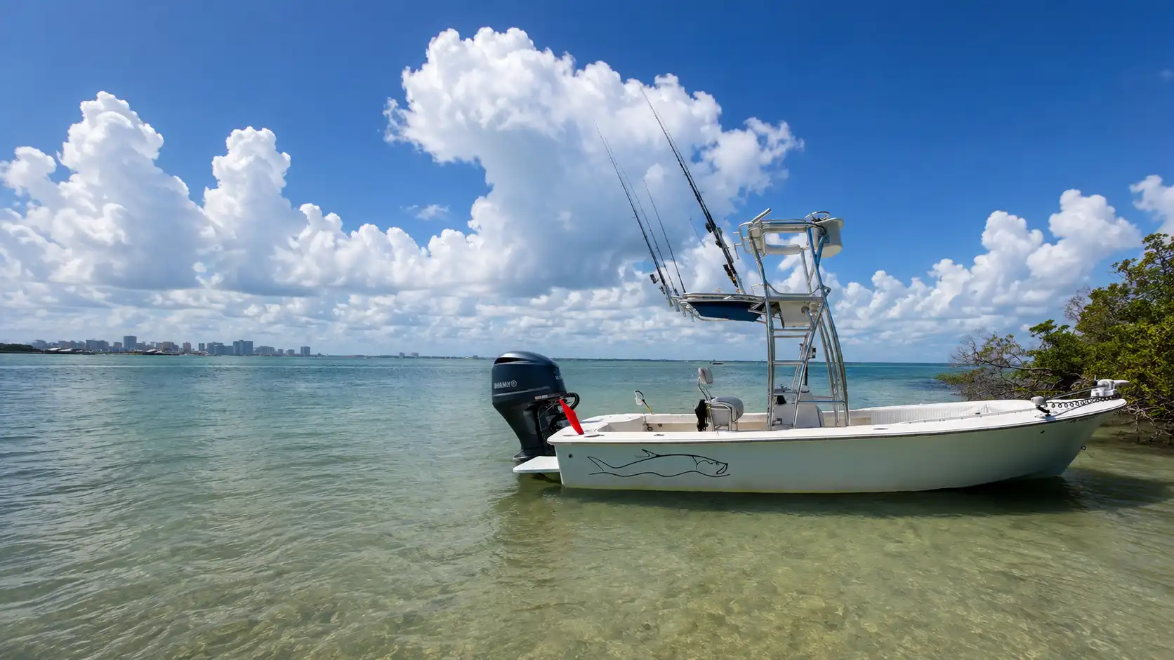 Charter fishing boat in shallow water on Sarasota Bay, Florida